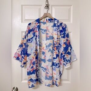 Blue White Floral 3/4 Sleeve Sheer Kimono Swim Coverup Asia Coastal Beach Summer